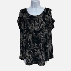 JM Collection Cut out Shoulder Short Sleeve Blouse White Dotted Flower Print PXL